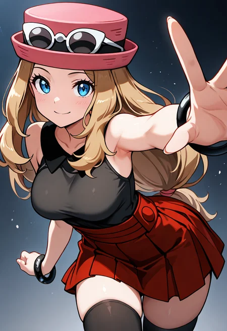 masterpiece, best quality, medium breasts, (curvy), BREAK, zzSerena, solo, long hair, blue eyes, eyewear on headwear, pink headwear, eyelashes, sleeveless shirt, black shirt, bracelet, high-waist skirt, red skirt, black thighhighs,<lora:SerenaPokemonIXL_v2:1.0>,smile, looking at viewer, cowboy shot, (dynamic pose, foreshortening, leaning forward:1.2),