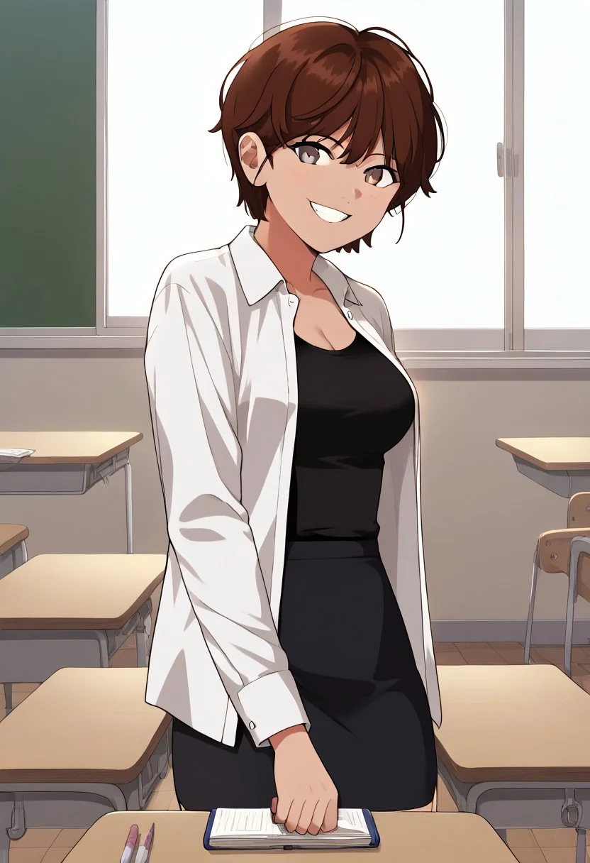 Masterpiece, Highest Quality, Score_9, Score_8_up, Score_7_up, source_anime. anime style. masterpiece, highres, absurdres. Best resolution.
solo. handfixer. classroom. smile.
song jiwoo. 1girl. brown hair. short hair. gray eyes. tomboy. 
white shirt. open clothes. black shirt. black skirt. pencil skirt. cleavage.