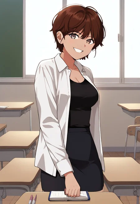 Masterpiece, Highest Quality, Score_9, Score_8_up, Score_7_up, source_anime. anime style. masterpiece, highres, absurdres. Best resolution.
solo. handfixer. classroom. smile.
song jiwoo. 1girl. brown hair. short hair. gray eyes. tomboy.
white shirt. open clothes. black shirt. black skirt. pencil skirt. cleavage.