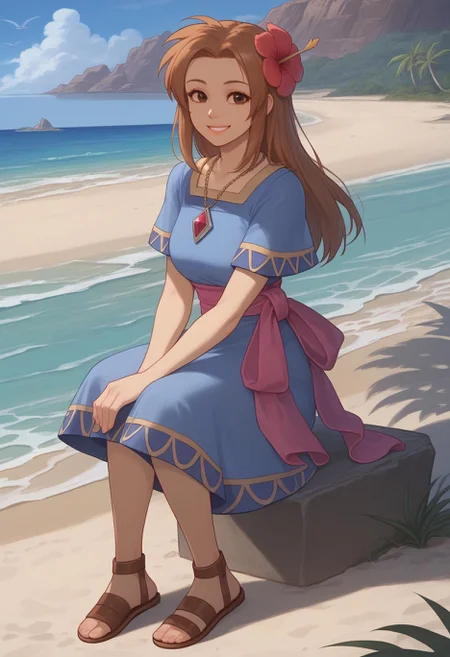 score_9, score_8_up, solo, <lora:Degen_Marin_v1-000009:1> marin, blue dress, sash, necklace, short sleeves, single hair flower, sandals, brown eyes, smile, beach, sitting with elbows on knees