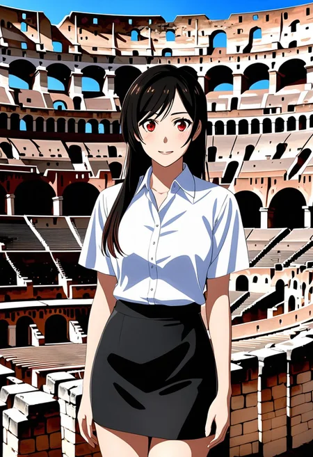 masterpiece, (best quality:1.2), newest, rating:general, expressive eyes, perfect face, perfect hands, (((1girl, solo, full body))), BREAK, (tifa lockhart, long hair, black hair, red_eyes), looking at viewer, colosseum background, BREAK, (mahalaiuniform, white shirt short sleeves, oversized shirt, collared shirt, black pencil mini skirt, bare legs, sandals), BREAK, (mahalaiuniform, white shirt short sleeves, oversized shirt, collared shirt, black pencil mini skirt, bare legs, sandals)