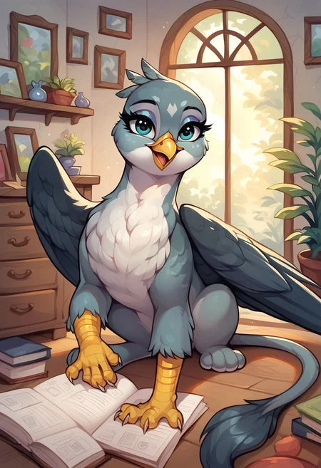 masterpiece, score_9, score_8_up, score_7_up, score_6_up, (best quality:1.1), ultra-detailed, high resolution, 1girl, gabby, feral, griffon, g4, female, eyeshadow, happy, indoors, home background, tail, high quality, sharp, the quality of ai art is frightening, watercolor, highly detailed, (beautiful detailed eyes), Long eyelashes, Highly Visible, sharp focus, perfect lighting, beautiful eyes, long eyelashes, anatomically correct, extremely detailed, shine on body, high detail, cute, Expressiveh, detailed background, OverallDetail, zPDXL2