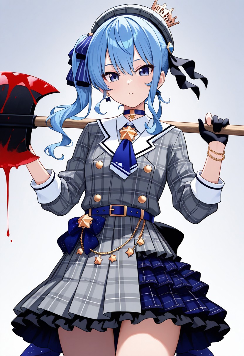 Hoshimachi Suisei, holding blood-splattered axe, cowboy shot, High Detail, Perfect Composition, highly detailed, vibrant colour, masterpiece, dynamic