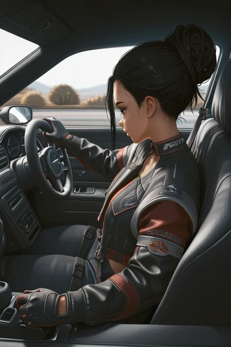 masterpiece, best quality, amazing quality,
 <lora:Panam_IL:1> panam, 1girl, black hair, solo, gloves, car interior, steering wheel, sitting, jacket, hair bun, seatbelt, default outfit