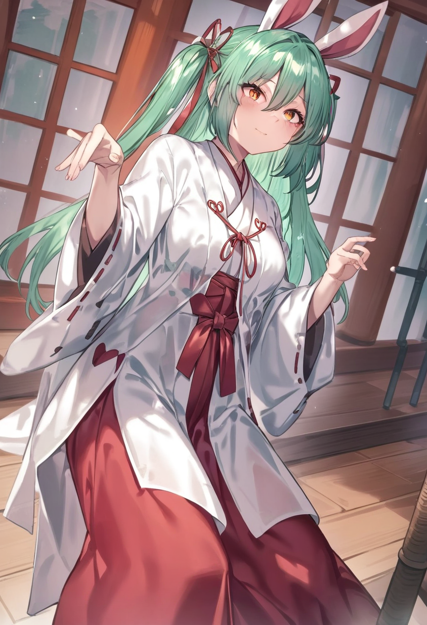masterpiece, best quality, very aesthetic, absurdres, 1girl, hatsune miku, miko, chihaya, on straight, dutch angle, bunny_pose, prison, happy, <lora:Chihaya-XL_004:0.9>
