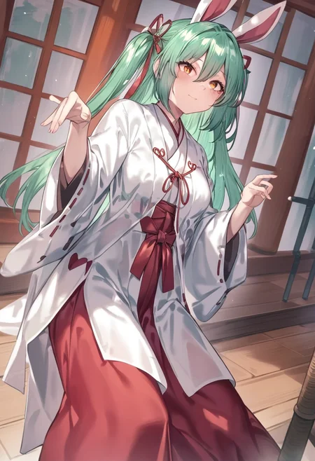 masterpiece, best quality, very aesthetic, absurdres, 1girl, hatsune miku, miko, chihaya, on straight, dutch angle, bunny_pose, prison, happy, <lora:Chihaya-XL_004:0.9>