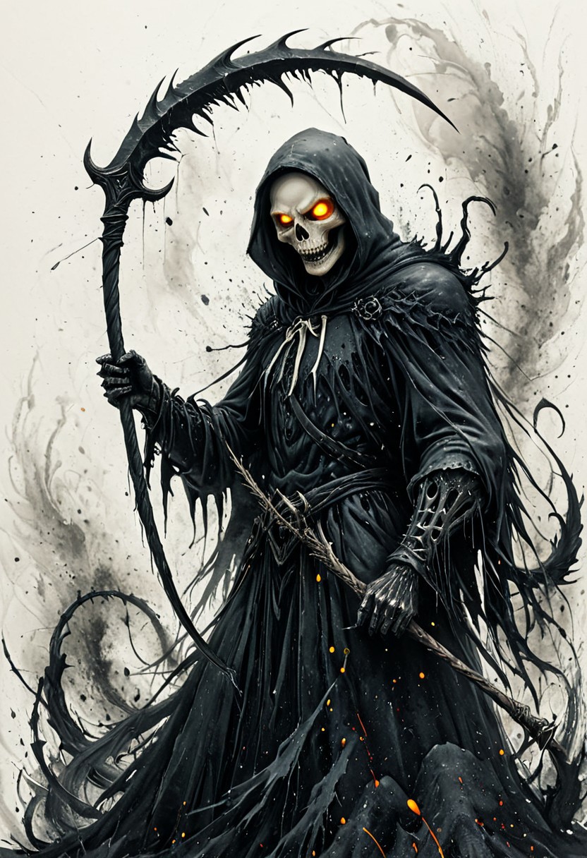 A dark, hyper-stylized Grim Reaper mid-attack, captured in a dramatic dynamic pose, wielding a massive, jagged scythe with both hands. The Reaper wears a tattered black cloak that flows with violent motion, and his skeletal face grins menacingly with glowing red eyes. The background is a chaotic explosion of high-energy yellow and black brushstrokes, resembling splattered ink or stylized paint, creating a sense of violent motion and otherworldly energy. The composition is intense and kinetic, like a graphic novel panel or concept art for a dark fantasy action game. Emphasize sharp contrast, fluid motion, torn fabric textures, and a graphic, illustrative style with detailed line work and expressive ink splashes. The overall tone is fierce, gothic, and supernatural.
easynegative, hkstyle, ink-painting, ink wash, ink wash painting, white background, very detailed, ultra-detailed, hyper detailed, colorful, creepy drawing, simple illustration, illustration. creepy, scary