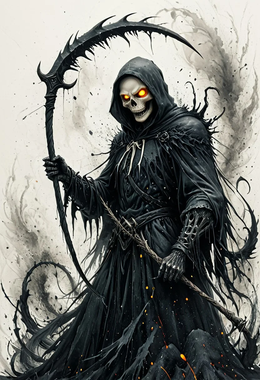 A dark, hyper-stylized Grim Reaper mid-attack, captured in a dramatic dynamic pose, wielding a massive, jagged scythe with both hands. The Reaper wears a tattered black cloak that flows with violent motion, and his skeletal face grins menacingly with glowing red eyes. The background is a chaotic explosion of high-energy yellow and black brushstrokes, resembling splattered ink or stylized paint, creating a sense of violent motion and otherworldly energy. The composition is intense and kinetic, like a graphic novel panel or concept art for a dark fantasy action game. Emphasize sharp contrast, fluid motion, torn fabric textures, and a graphic, illustrative style with detailed line work and expressive ink splashes. The overall tone is fierce, gothic, and supernatural.
easynegative, hkstyle, ink-painting, ink wash, ink wash painting, white background, very detailed, ultra-detailed, hyper detailed, colorful, creepy drawing, simple illustration, illustration. creepy, scary