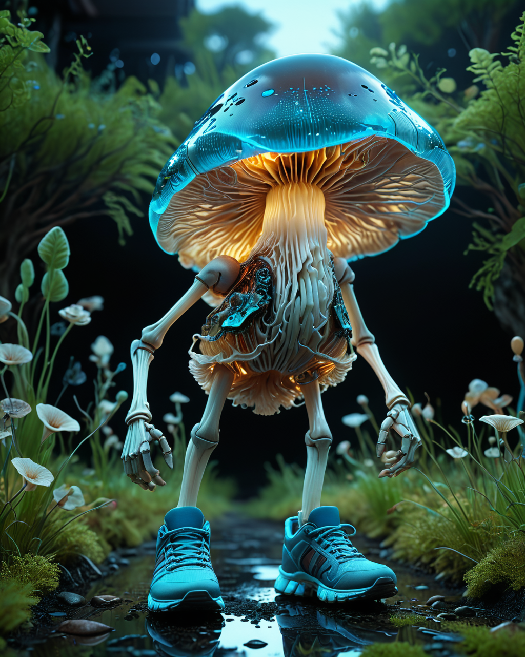 high tech bioengineered humanoid mushroom walking on two legs, bioluminescence, sneakers, transparency, ziprealism, Cyberpunk, iridescent, outdoors, water, reflections, grass, futuristic, technology, sci-fi, tech, wires, cables, gadgets, Digital art, detailed, artstation, by James Turrell,  Dramatically lit,  midnight, <lora:add-detail-xl:1> <lora:xl_more_art-full_v1:0.7>