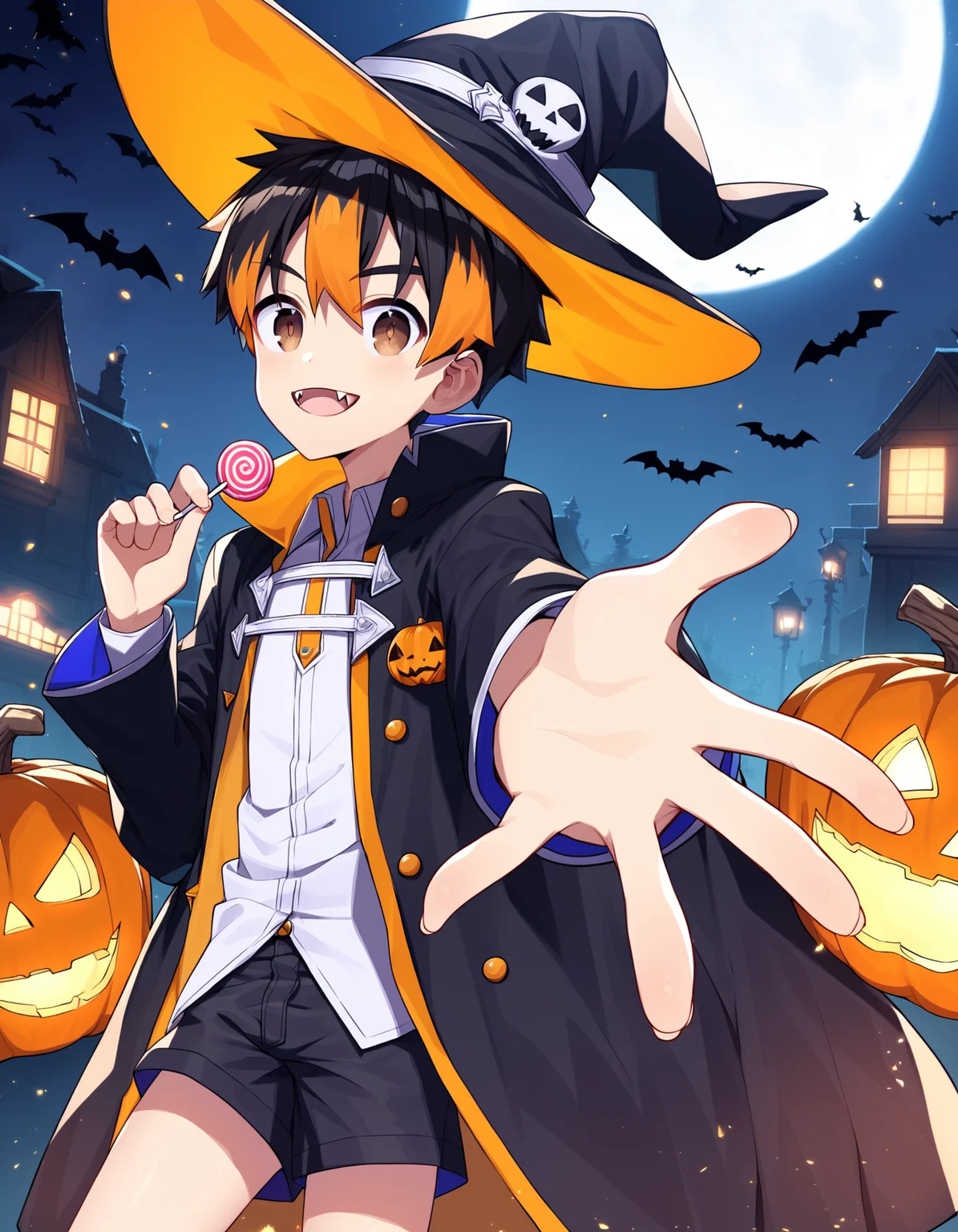 score_9, score_8_up, score_7_up, score_6_up, source_anime, Halloween, night, jack-o-lantern, full moon, foreshortening, dutch angle, 1boy, solo, black hair, orange hair, multicolored hair, brown eyes, bangs, witch hat, cape, jacket, shorts, holding lollipop, smile, fangs, reaching toward viewer <lora:rukiruki_AMXL_v1e-ShoAI:1>