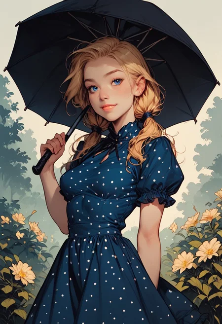 masterpiece, best quality, highres, best quality, score_9, score_8_up, score_7_up, . Semi-Realistic, score_9, score_8_up, score_7_up, score_6_up,score_5_up,score_4_up, 1woman, smiling, playful, medium breasts, twintails, blue eyes, slender body, blonde hair, dress, short sleeves, long hair, polka dot dress, blue dress, low twintails, puffy sleeves, black umbrella, hands holding the umbrella,rating_safe, flowers, park background