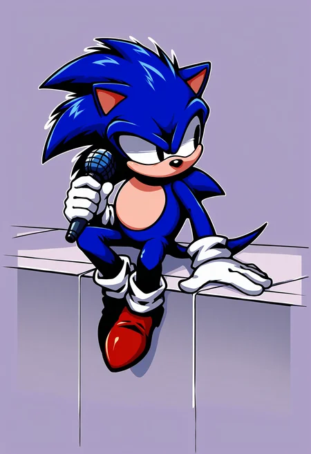 score_9, score_8_up, source_furry,  <lora:Faker:1>, faker, solo, long hair, gloves, 1boy, animal ears, closed mouth, blue hair, sitting, tail, shoes, socks, white gloves, black eyes, white socks, spiked hair, red footwear, furry, furry male, body fur, animal nose, two-tone fur, blue fur, sonic the hedgehog, desaturated fur, no mouth, looking away, holding microphone, indoors,  <lora:Dall-E_3_anime_style_1.2_PONY:0.5>