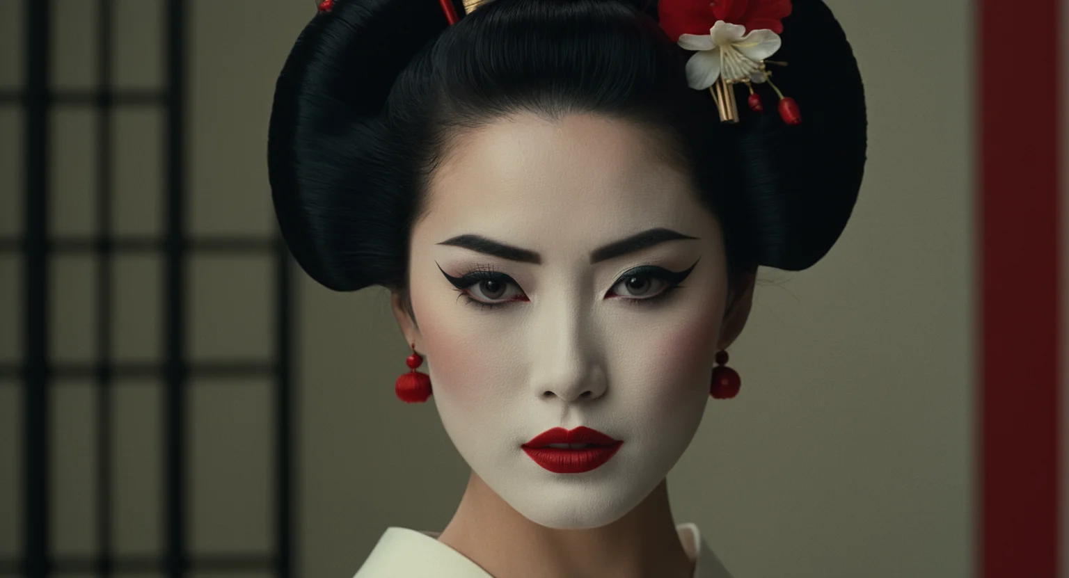 cinematic film still of  <lora:Ron Fricke style:1
a geisha woman with a red lip and a black hairdo,1girl,solo,looking at viewer,short hair,black hair,closed mouth,black eyes,makeup,lipstick,pale skin,portrait,realistic,red lips , realistic, realism, movie still, film grain, kodak film, film contrast, film color, cinematography, documentary, photography, 70 mm film, 65 mm film, Todd-AO, Todd-AO 35, 8K resolution, Ron Fricke film director style, Ron Fricke film directing style, Ron Fricke style, shallow depth of field, vignette, highly detailed, high budget, bokeh, cinemascope, moody, epic, gorgeous, film grain, grainy