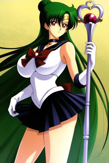 masterpiece, best_quality, highres, <lora:SetsunaMeiou:0.55>, SetsunaMeiou, green_hair, hair_bun, red_eyes, big_breasts, standing, black_sailor_collar, black_skirt, black_choker, solo, sailor_senshi_uniform, tiara, staff, holding_staff, gloves