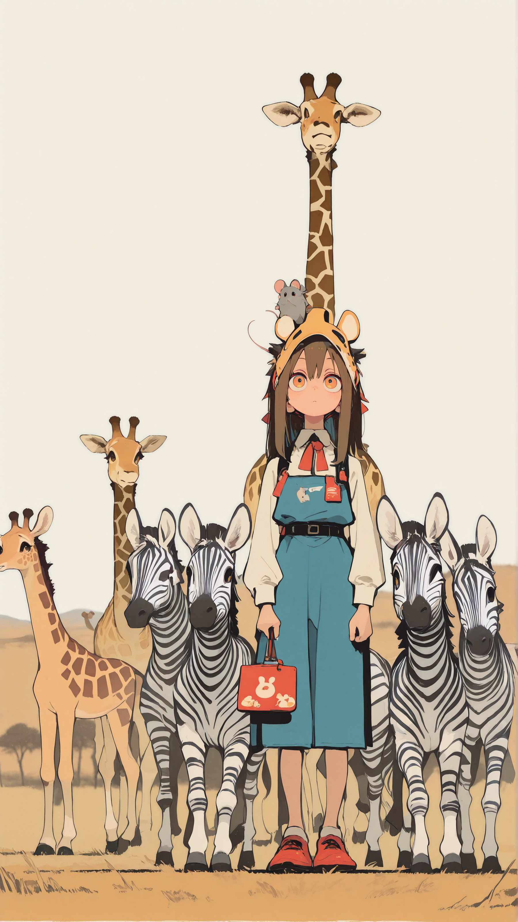 masterpiece, newest,absurdres,incredibly absurdres, best quality, amazing quality, very aesthetic, flat color,
1 woman, giraffe mask, mouse, zebra, savannah, 
<lora:ka_marukogedago:1> k4_illu, <lora:S4bit4mago:1> S4bit4mago_illu,