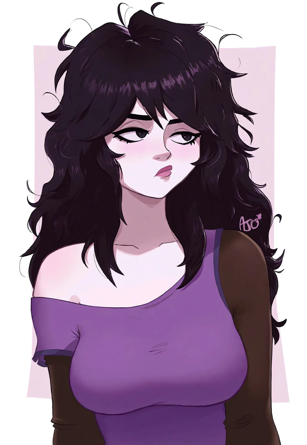 safe_pos, masterpiece, best quality, ArmasDraws, solo, 1girl, black hair, long hair, messy hair, white skin, purple shirt, dark sleeves, breasts, off shoulder, bored, looking to side, medium shot, portrait, simple background