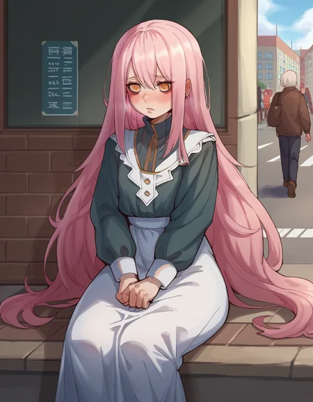 score_9,score_8, score_7, 1girl, public, sitting, blush, long hair, pink hair, solo, ebonyxh, <lora:ebonyxh-000011:1>,