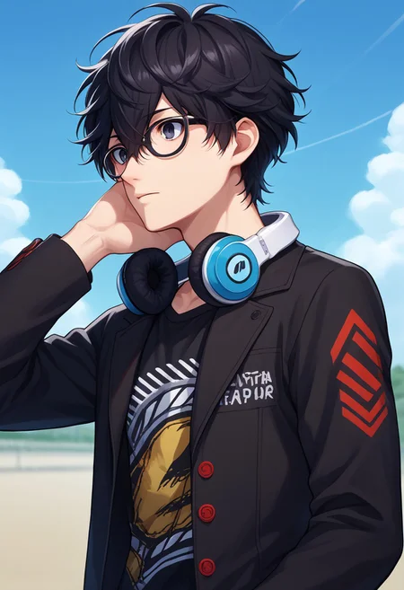 score_9, score_7_up, source_anime
renpers, 1boy, male focus, solo, black eyes, black hair, hair between eyes, short hair, glasses, headphones, headphones around neck, shirt, black shirt, print shirt, jacket, black jacket, long sleeves, open jacket, open clothe
outdoor, sky,