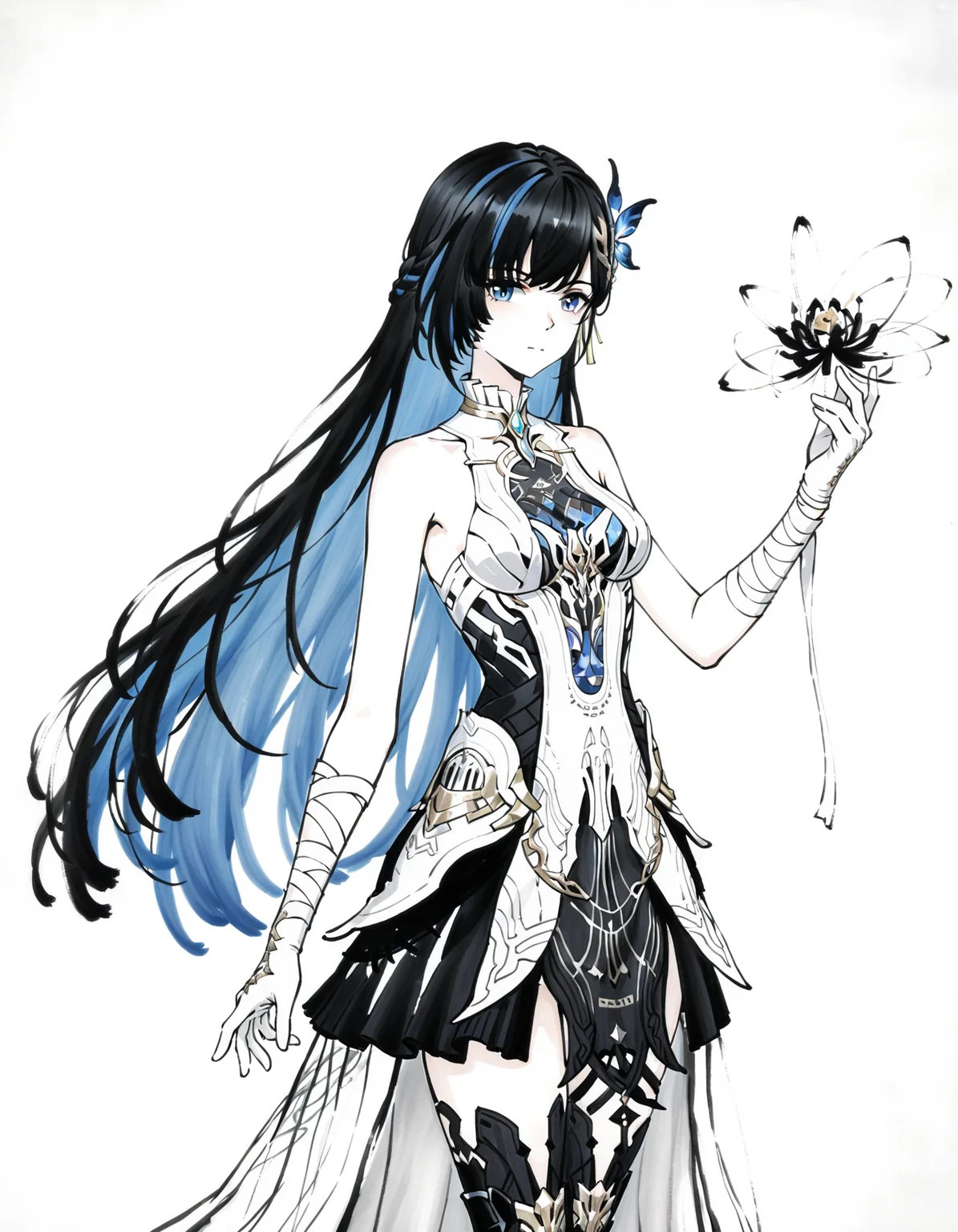 1girl,<lora:mai_pgr_selena_xs:0.7>,mai_pgr_selena_xs,bandaged_arm,bandages,bare_shoulders,black_dress,black_hair,blue_eyes,blue_hair,boots,colored_inner_hair,gloves,high_heels,jewelry,long_hair,multicolored_hair,solo,streaked_hair,very_long_hair,white_dress,white_gloves,
simple background,white background,looking at viewer,cowboy shot,<lora:chines_Ink_painting_IL_MIX:1.5>,wuguanzhong,zhang daqian,qi baishi,painting \(medium\),traditional media,simple background,partially colored,negative space,limited palette,monochrome,