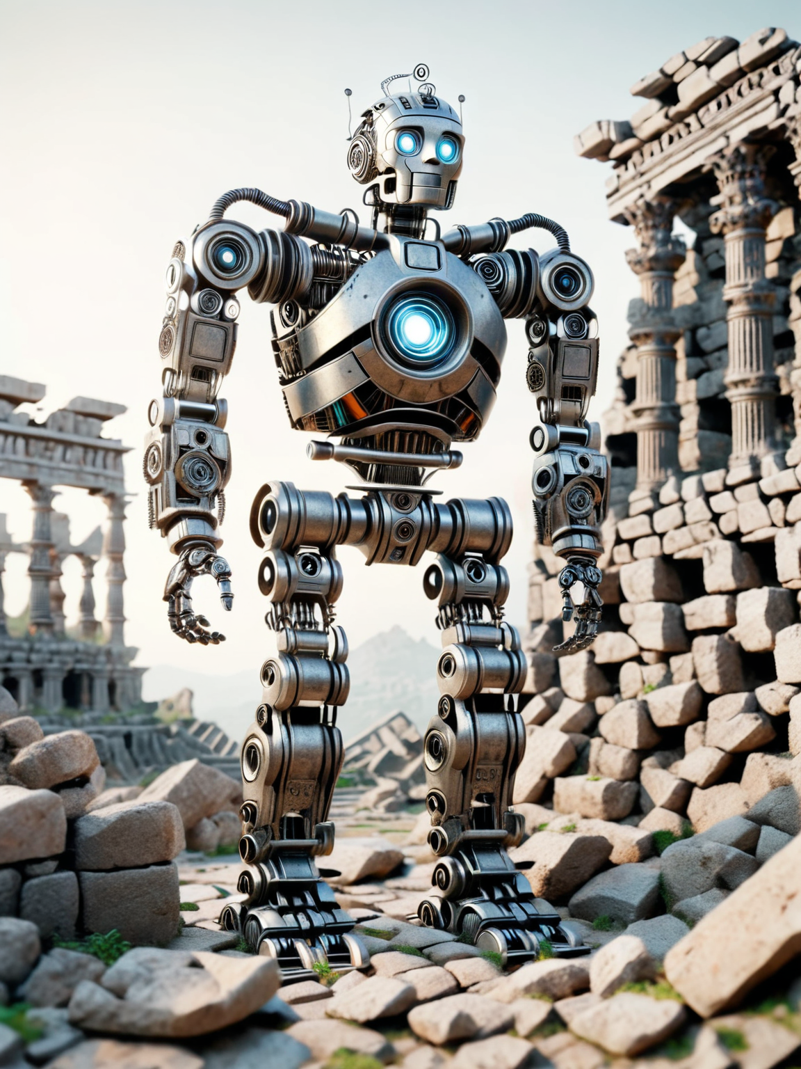 ais-scrapyrd robot, exploring ancient ruins <lora:Scrapyard_Style_SDXL:1>