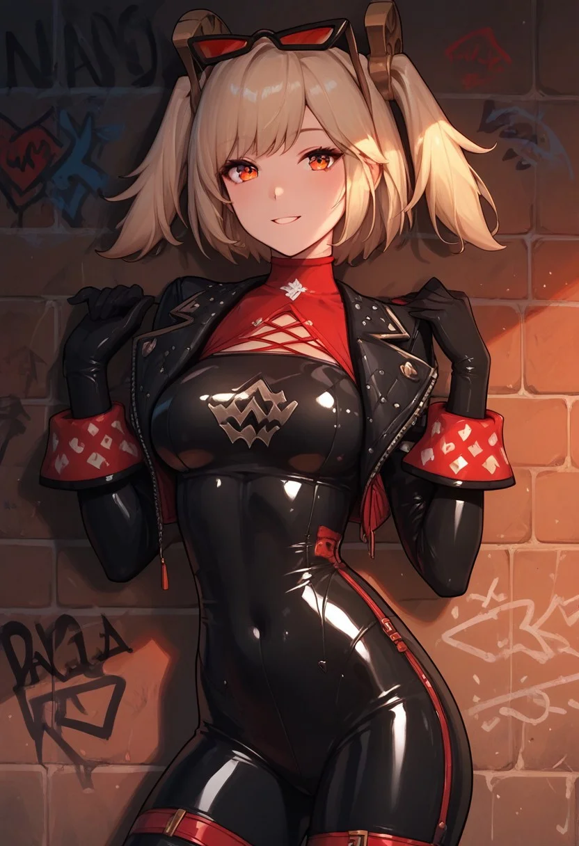 burnice, blonde hair, twintails, latex bodysuit, black bodysuit