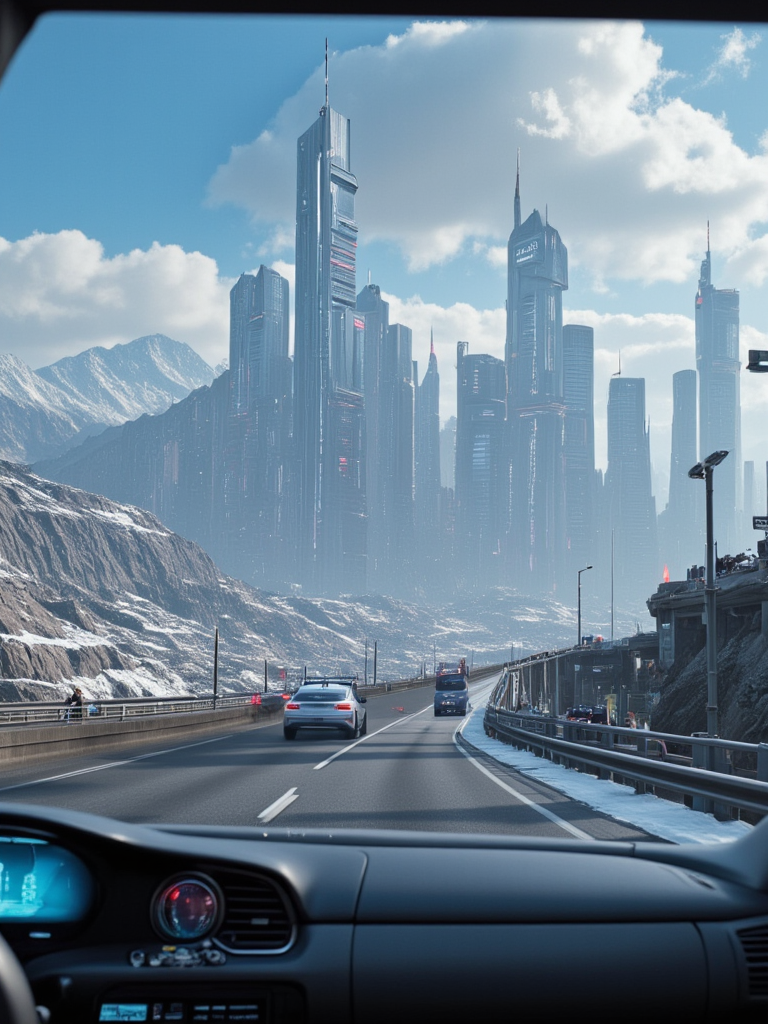 <lora:Space_Worlds_01__Poetic_flux2:1>  sw01p_flux, driving on the highway over a cyberpunk city in snow mountains,