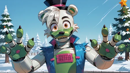 <lora:saucebear_ponyxl-10v1.2:1.7> score_9_up, score_8_up, score_7_up, source_furry, source_cartoon, outside, saucebear, bear ears, large canines, perfect canines, sabertooth, deep blue mini top hat, orange eyes, detailed eyes, green phalanges, four fingers, (((four fingers))), greenish-white body:1.2, (green color front, gray neck, metallic neck:1.5), wearing blue vest, loose vest, thin neck, solo, (looking at viewer), perfect body, detailed hands, toony hands, toony body, toony head, zPDXL2, detailed hat, male focus, nice background, (flat chest), fluffy head:0.8, BREAK, winter scene, christmas tree, christmas scene
<lora:big_eyes_v1:1.0> <lora:zy_Detailed_Backgrounds_v1:0.3>