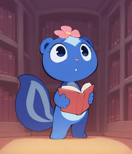 masterpiece, best quality, furry female, chibi, solo, petunia, blue fur, skunk, flower, standing, library, book selection, book shelves, 4k, high quality, looking up, determined, contemporary, safe, sfw, art by doxy