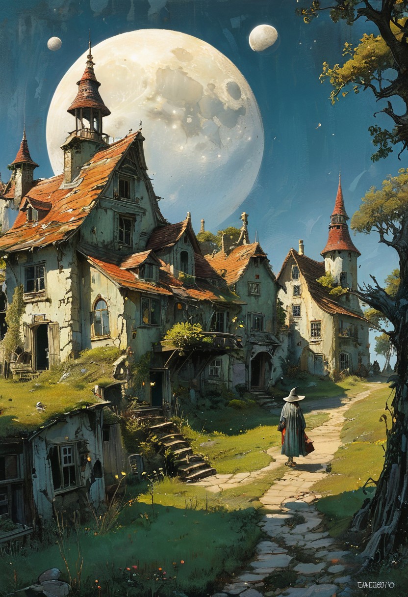 masterpiece, landscape, old forest, gnarled trees, grass, ancient manor, dilapidated buildings, shacks, witch houses, buildings, sun, epiCPhoto, long shadows, eerie, moon, bleeding moon,dancing house, house on chicken legs,, Moebius art style,