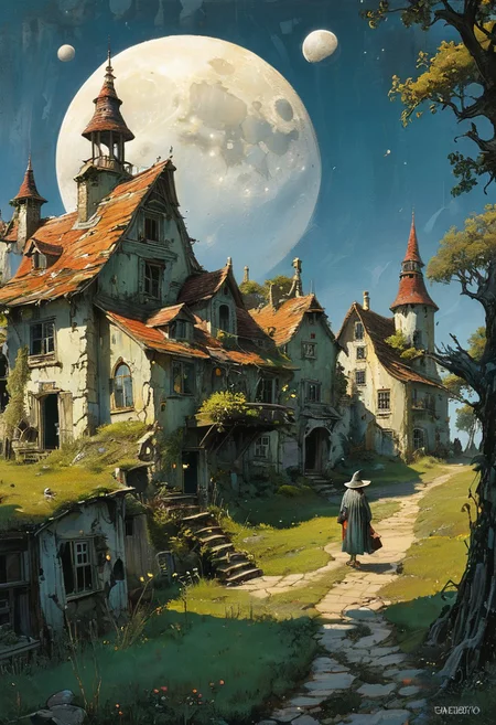 masterpiece, landscape, old forest, gnarled trees, grass, ancient manor, dilapidated buildings, shacks, witch houses, buildings, sun, epiCPhoto, long shadows, eerie, moon, bleeding moon,dancing house, house on chicken legs,, Moebius art style,