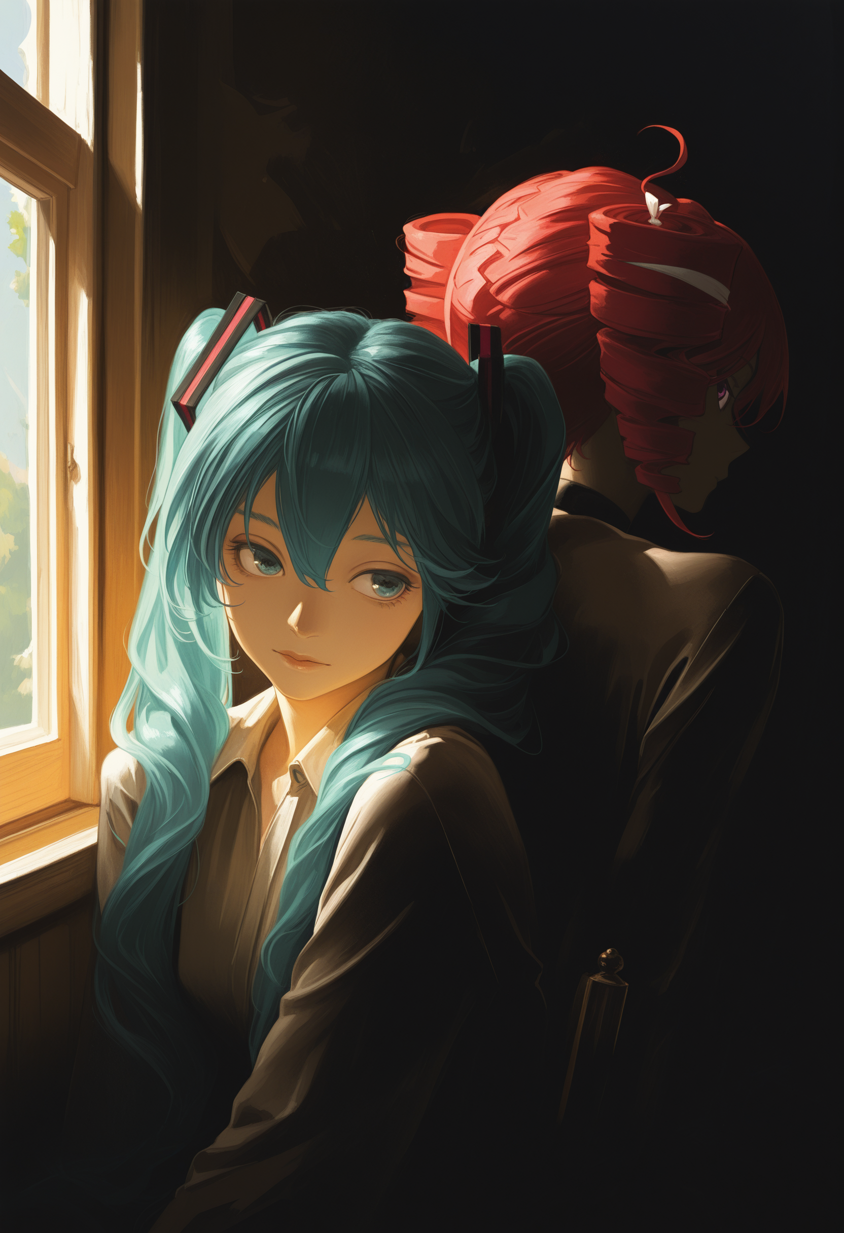 painterly, artist:[caravaggio|adam de coster|yoneyama mai|cursedweeboo|daodtt|diao \(nrays\)|ravine bells],
2girls, hatsune miku, blue hair, twintails, sitting, upper body, back-to-back, looking to the side, looking at viewer, leaning back, bright, sunlight, window,
newest, impasto, brushstroke, impressionism, chiaroscuro, oil painting \(medium\), newest, absurdres, masterpiece, very aesthetic