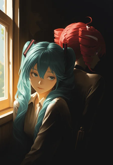 painterly, artist:[caravaggio|adam de coster|yoneyama mai|cursedweeboo|daodtt|diao \(nrays\)|ravine bells],
2girls, hatsune miku, blue hair, twintails, sitting, upper body, back-to-back, looking to the side, looking at viewer, leaning back, bright, sunlight, window,
newest, impasto, brushstroke, impressionism, chiaroscuro, oil painting \(medium\), newest, absurdres, masterpiece, very aesthetic