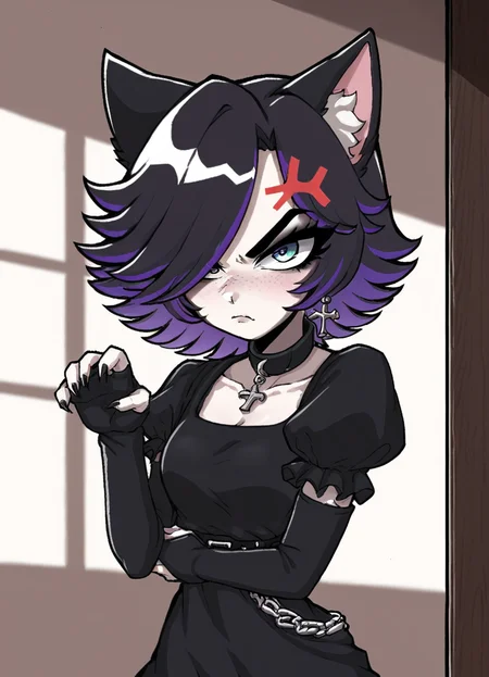 score_7_up, score_8_up, score_9, ksusha_def_afs_outfit, black clothes, hair over one eye, 1girl, female focus,cat ears, glaring at viewer, annoyed, Cat Pose, cross popping veins symbol, indoors