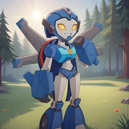score_9, score_8, BREAK, solo, 1girl, Whirl , Autobot, yellow eyes, glowing eyes, alien girl, robot, robot girl, humanoid robot, mecha, sexy pose, self portrait, smile, outdoors, sunlight, shadows, evening lighting, natural lighting, forest, trees, grass, orange sky, sunset