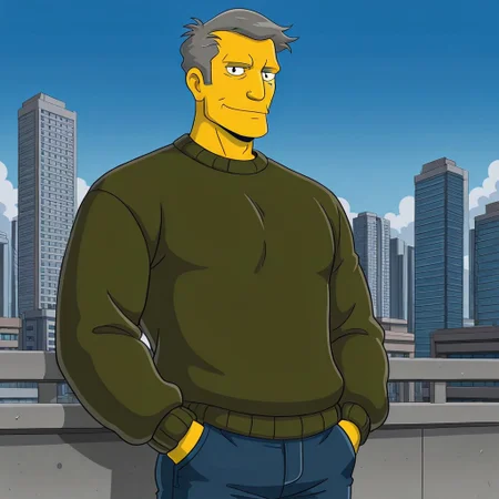 S-Skinner, 1boy, male, mature male, average build, yellow skin, black eyes, grey hair, upper body, standing, outdoors, city, skyscraper, day, sky, Dark green sweater, dark green sleeves, dark blue jeans, hands in pockets, (looking at viewer), light smile, masterpiece,best quality,amazing quality,