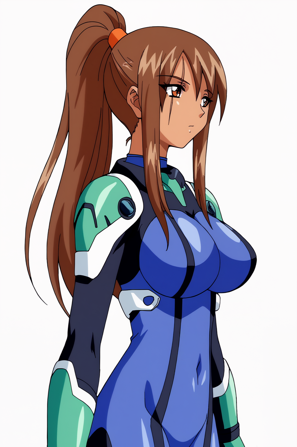 <lora:Divergence_Eve2:0.8>, white background, Luxandra Frail, solo, long hair, brown hair, ponytail, cosplay, bodysuit, pilot suit, plugsuit