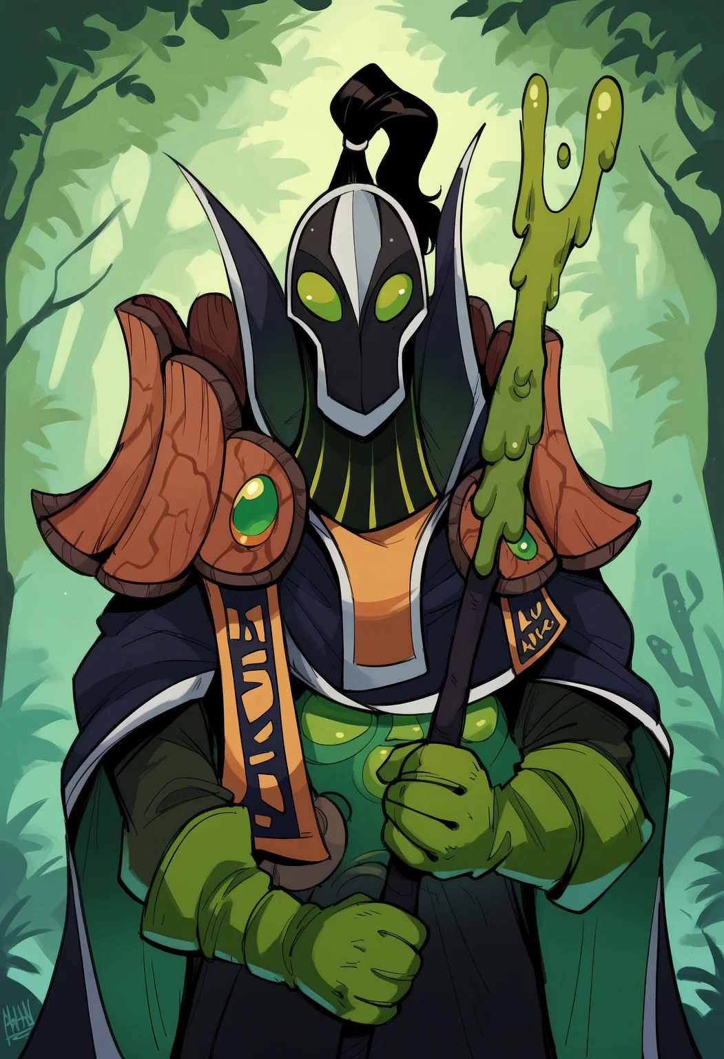 score_9, score_8_up, score_7_up, score_6_up, score_5_up, score_4_up, BREAK, 1boy, rubickpdxl, mask, ponytail, cloak, green eyes, shoulder armor, gloves, green gloves, upper body, staff, holding staff, forest, <lora:RubickTheGrandMagus:0.85>