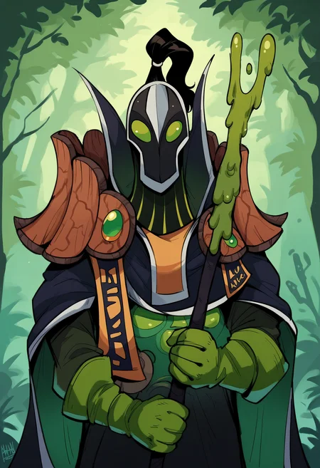 score_9, score_8_up, score_7_up, score_6_up, score_5_up, score_4_up, BREAK, 1boy, rubickpdxl, mask, ponytail, cloak, green eyes, shoulder armor, gloves, green gloves, upper body, staff, holding staff, forest, <lora:RubickTheGrandMagus:0.85>