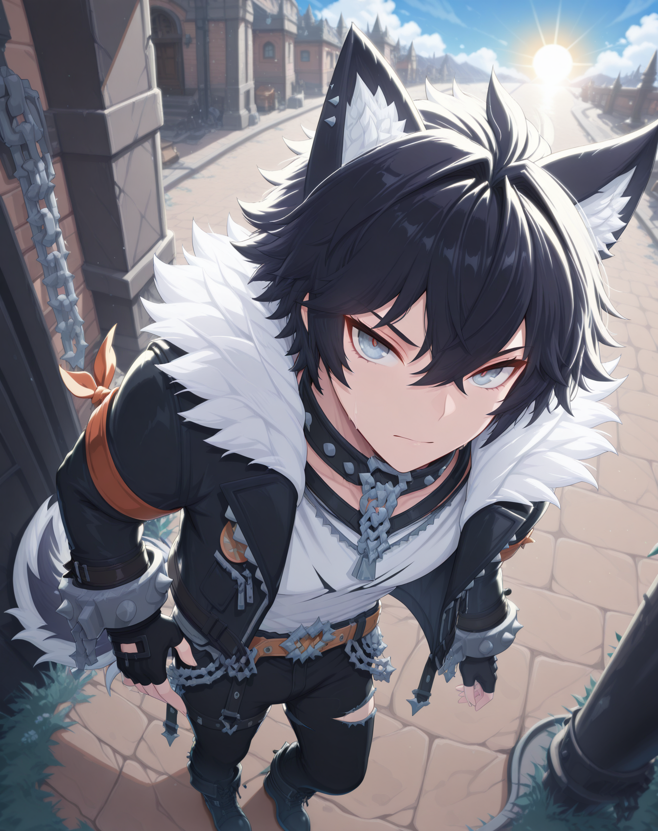 masterpiece, amazing quality, best quality, absurdres, very aesthetic,
1boy, solo, yaoi, male focus, full body, from above, standing, looking at viewer, face focus,
<lora:Sieghart_Wolf:1> sieghartwolf, wolf tail, animal ears, wolf boy, black hair, short hair, hair between eyes, grey eyes, animal ear fluff,
fur-trimmed jacket, fingerless gloves, broken chain, white shirt, fur trim, spiked collar, black gloves, spikes, cuffs, black jacket, jewelry, armband, open jacket, open clothes, long sleeves,
black pants, belt, torn pants, thigh strap, black footwear, boots, torn pants,
outdoors, day, blue sky, sun,