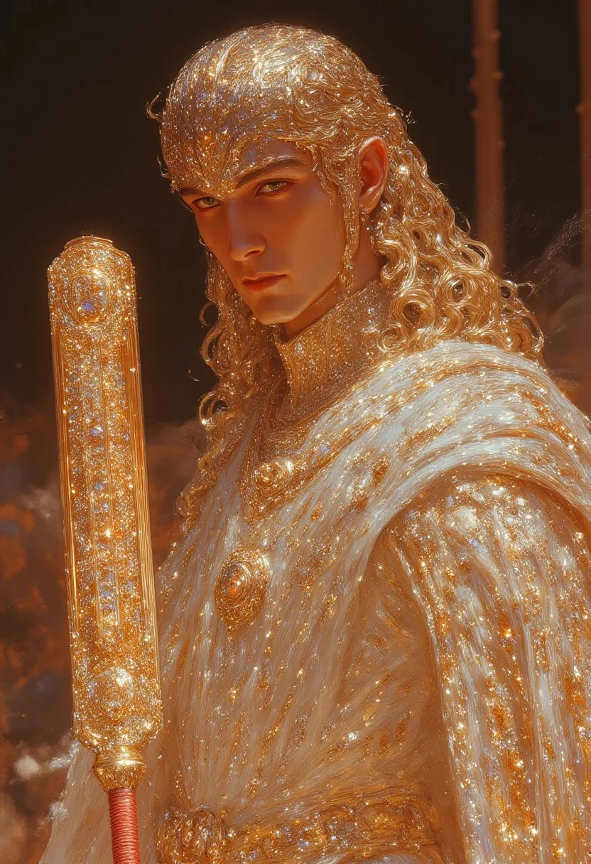 This image is a midshot portrait of Alexander the Great, radiating confidence and strength in a retro cricket aesthetic. His wavy, sun-kissed hair frames his sharp, commanding features, while he dons a pristine white cricket uniform adorned with golden rhinestone accents on the collar, cuffs, and the crest on his chest. His name, "Alexander," is emblazoned across the back of the jersey in shimmering rhinestones. In his hands, he confidently holds a polished wooden cricket bat, its edges and handle encrusted with intricate rhinestone detailing that sparkles brilliantly under warm vintage lighting. The blurred background of muted orange and sepia hues evokes the grandeur of ancient coliseums combined with the serene atmosphere of a retro cricket ground, perfectly blending the majesty of his legacy with a timeless athletic style.