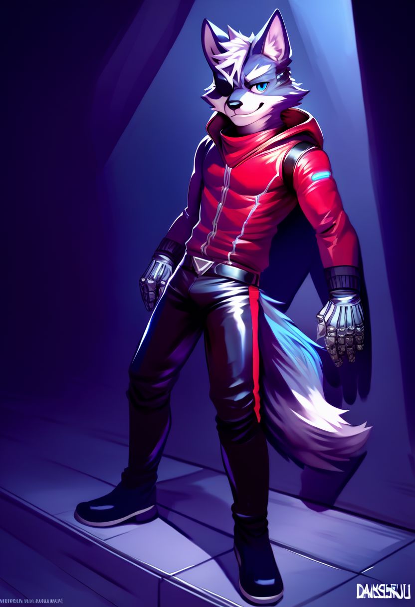 (by chunie, by darkgem, by bassenji, by nurinaki, source_furry, score_9, score_8_up, score_7_up, score_6), male focus, solo, athletic male, dark theme, low light), score_5, score_4_up, male, fluffy tail, blue eyes, 
black nose, fox, pointed ears like a wolf's,dead space and vantage apex legends symbiote clothes with hood, winter and black shades of the suit with white and blue elements, spaceship, solo, leaning against the wall, high quality eyes, high quality face, night, (high quality, high resolution, masterpiece), solo, anime work smiling, man, slender body, key visual, bright, studio anime, high detail Milkytiger1145:0.9, author granato : 0.5, the prosthesis of the right hand is high-tech,  metal prosthesis up to elbows, The cybernetic hand right, The right hand is completely cybernetic, full-length image, hood on the head