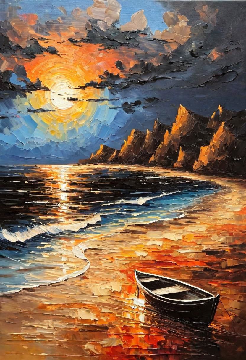 Impressionist oil painting on an old canvas, sunset on the beach , yatch on the sea, energetic strokes, black and bronze palette, fine and detailed strokes
