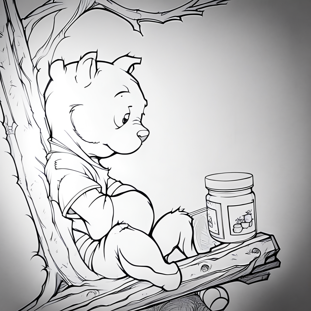 Winnie the Pooh sitting in a treehouse, red shirt, jars of honey, disheveled fur, solo, dutch angle, (close up:1.2), evang