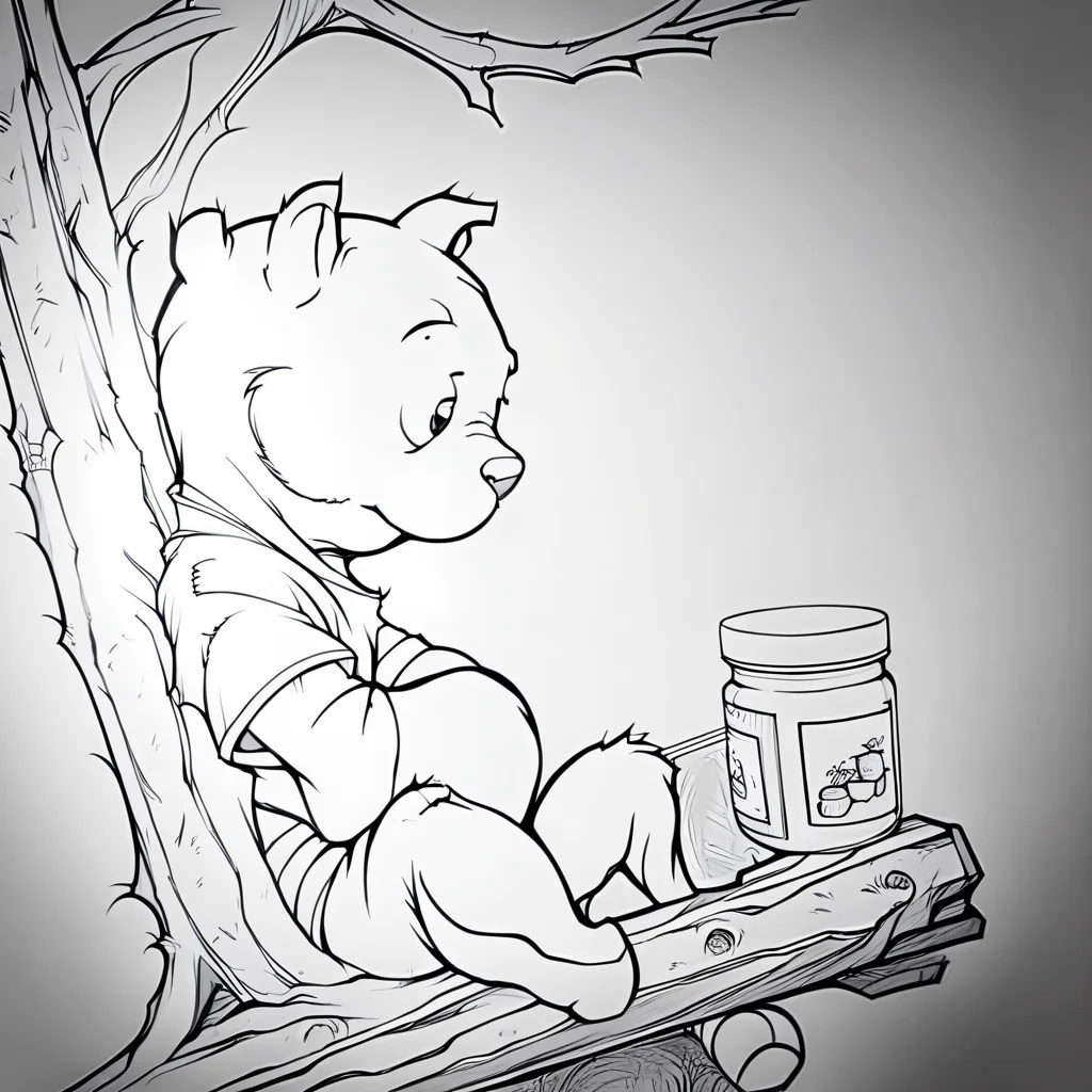 Winnie the Pooh sitting in a treehouse, red shirt, jars of honey, disheveled fur, solo, dutch angle, (close up:1.2), evang