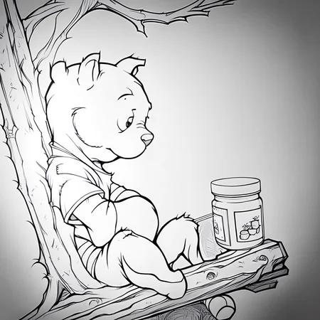 Winnie the Pooh sitting in a treehouse, red shirt, jars of honey, disheveled fur, solo, dutch angle, (close up:1.2), evang