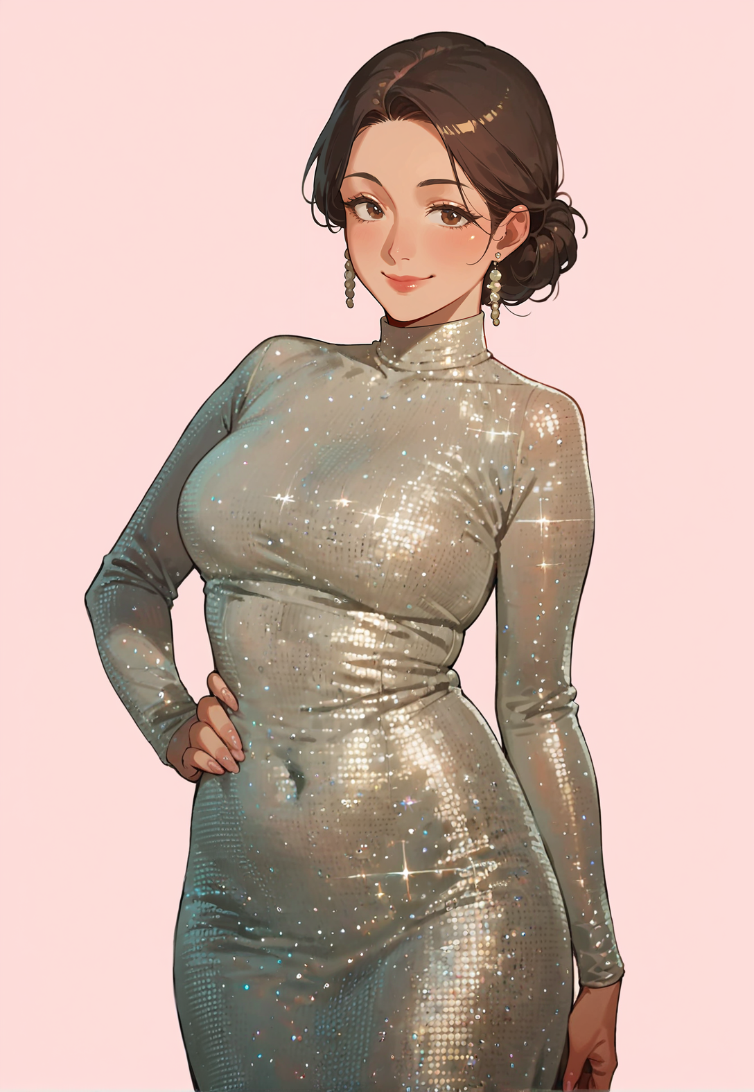 score_8_up, score_7_up, score_6_up, source_anime, 1girl, solo, simple background, pink background,
standing, pose, contrapposto, arched back, cowboy shot,
mature female, smile,
sayso, long dress, sequins,  <lora:Say_So:1>