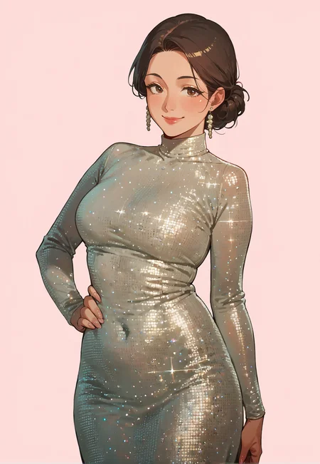 score_8_up, score_7_up, score_6_up, source_anime, 1girl, solo, simple background, pink background,
standing, pose, contrapposto, arched back, cowboy shot,
mature female, smile,
sayso, long dress, sequins, <lora:Say_So:1>