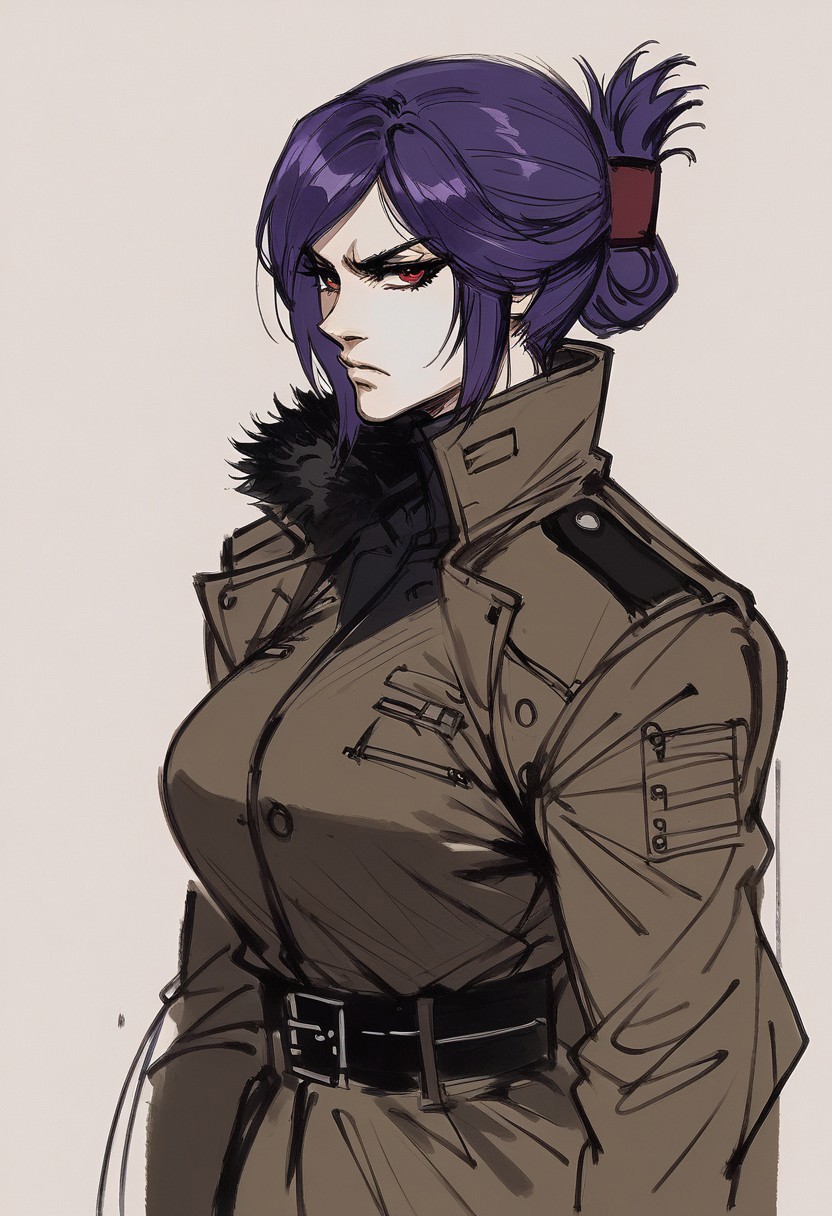 score_9, score_8_up, score_7_up, beatyfull color, aesthetic, 
yoji_shinkawa, (sketch:1.4), 
close-up shot, view from aside,
solo, 
1girl,
sabia, human, purple hair, red eyes, folded ponytail,
trenchcoat, black fur trim,
large breasts,
closed mouth, serious, looking at viewer,