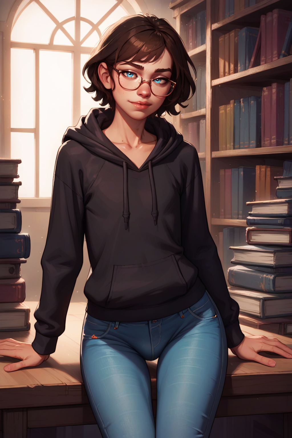 score_9, score_8_up, score_7_up,   <lora:princess_xl_v2:0.7>, <lora:arcan3styl3v1PonySDXL:0.5> arcan3styl3v1,<lora:Concept Art Twilight Style SDXL_LoRA_Pony Diffusion V6 XL:0.5>,<lora:mfcgXL:0.25>, <lora:officialpit_style_v11:0.4>, source_cartoon,
tall slender 20yo adult guy, (brunette:1.5), messy medium short hair, looking at viewer, (flat chest),  (tiny bulge:1.2), (hips:1.2), (small_eyewear:1.3)
(baggy long (black_hoodie:1.4), loose jeans:1.2), (at a library study table:1.4),
 (mid shot:1.3),