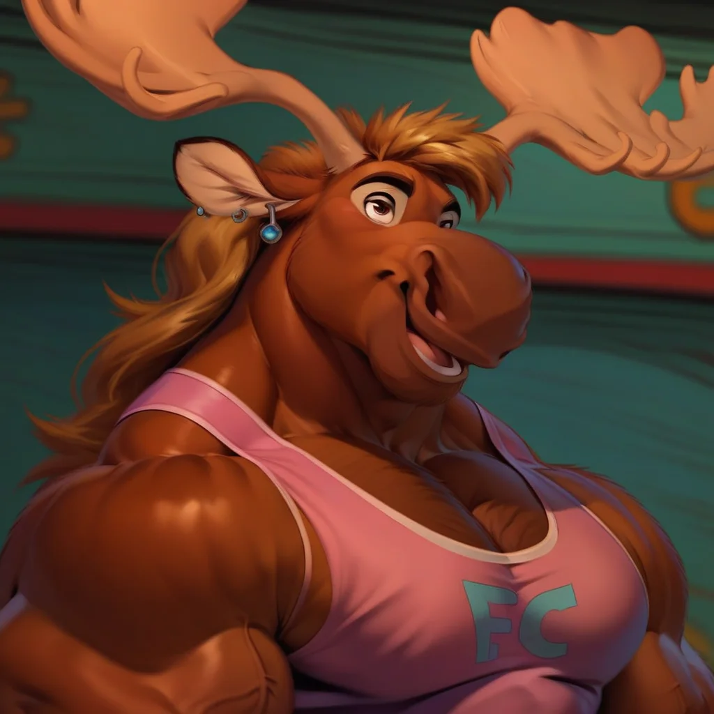 score_9, score_8_up, score_7_up, score_6_up, M1K4_Moose, Mika, Anthropomorphic Moose, Brown Fur, Antlers, Moose, Brown nose, Brown Eyes, Muscular Male, Bara, muscles, male focus, animal focus, Mullet, Blonde Hair, hooves, two-fingers, tank top, earrings, animal ears, animal focus, headshot, smiling